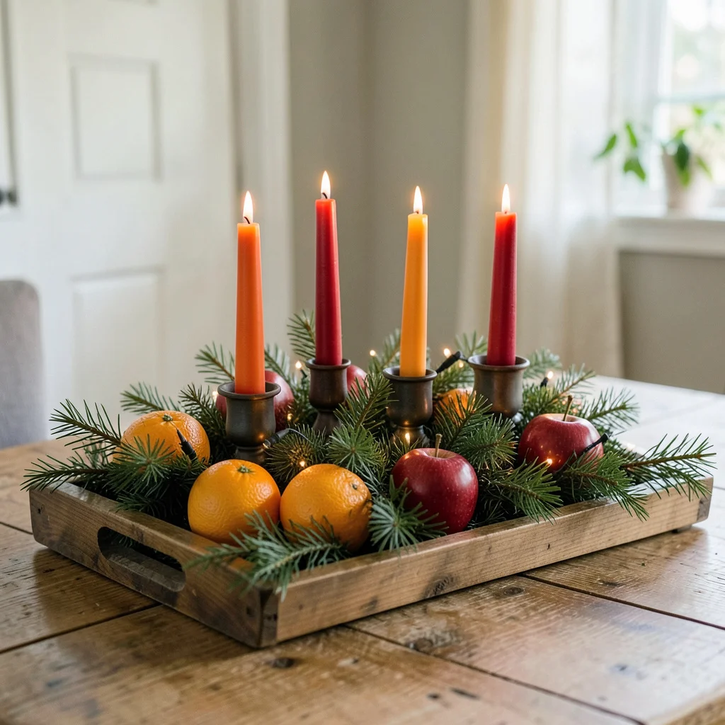 A Christmas table centerpiece with greenery, fruit, and candles on a wooden tray.