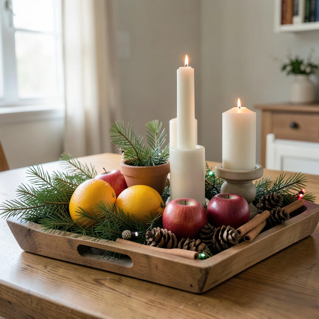 Close-up of arranging natural elements for a Christmas centerpiece.