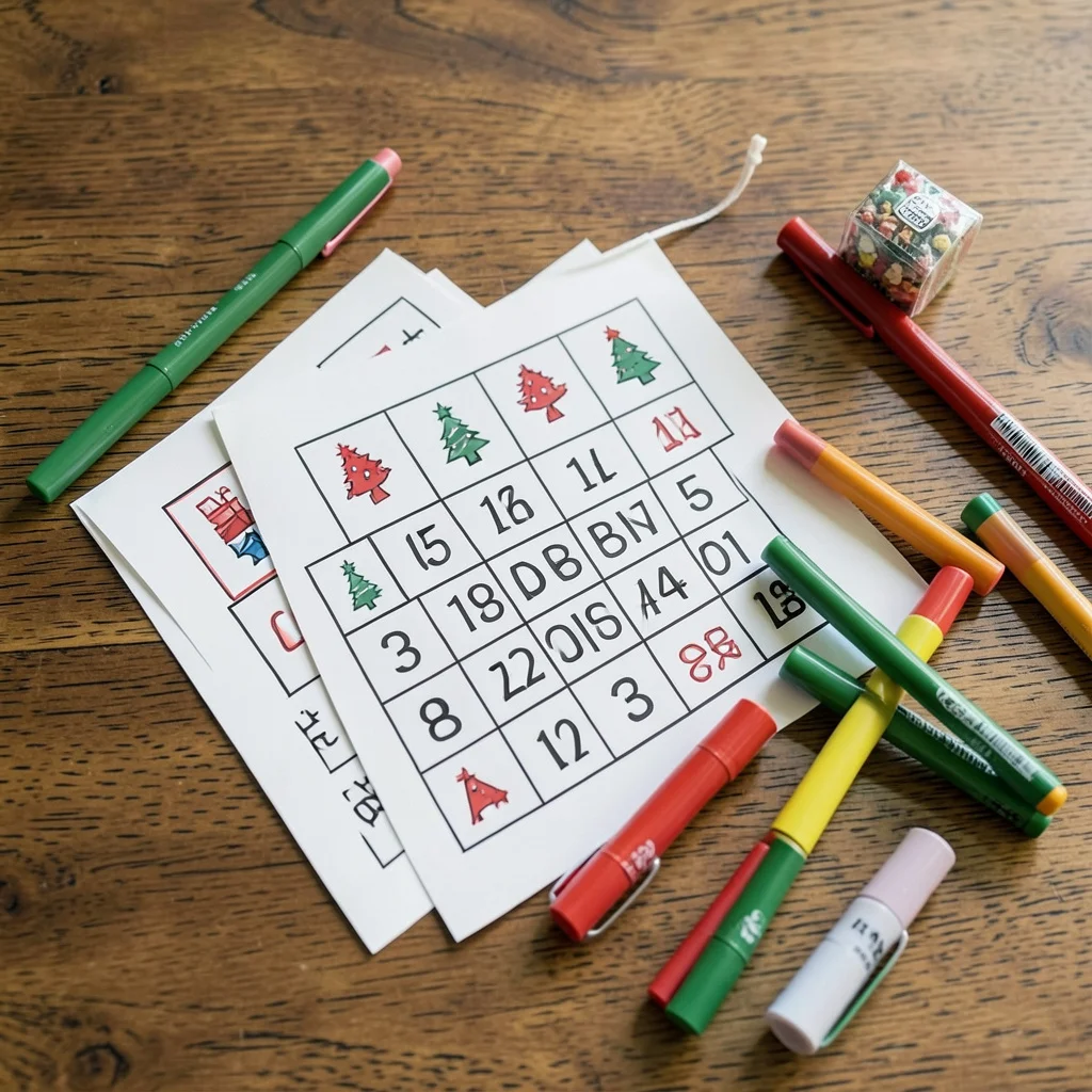 A child playing Christmas Bingo with a holiday-themed card on a table.