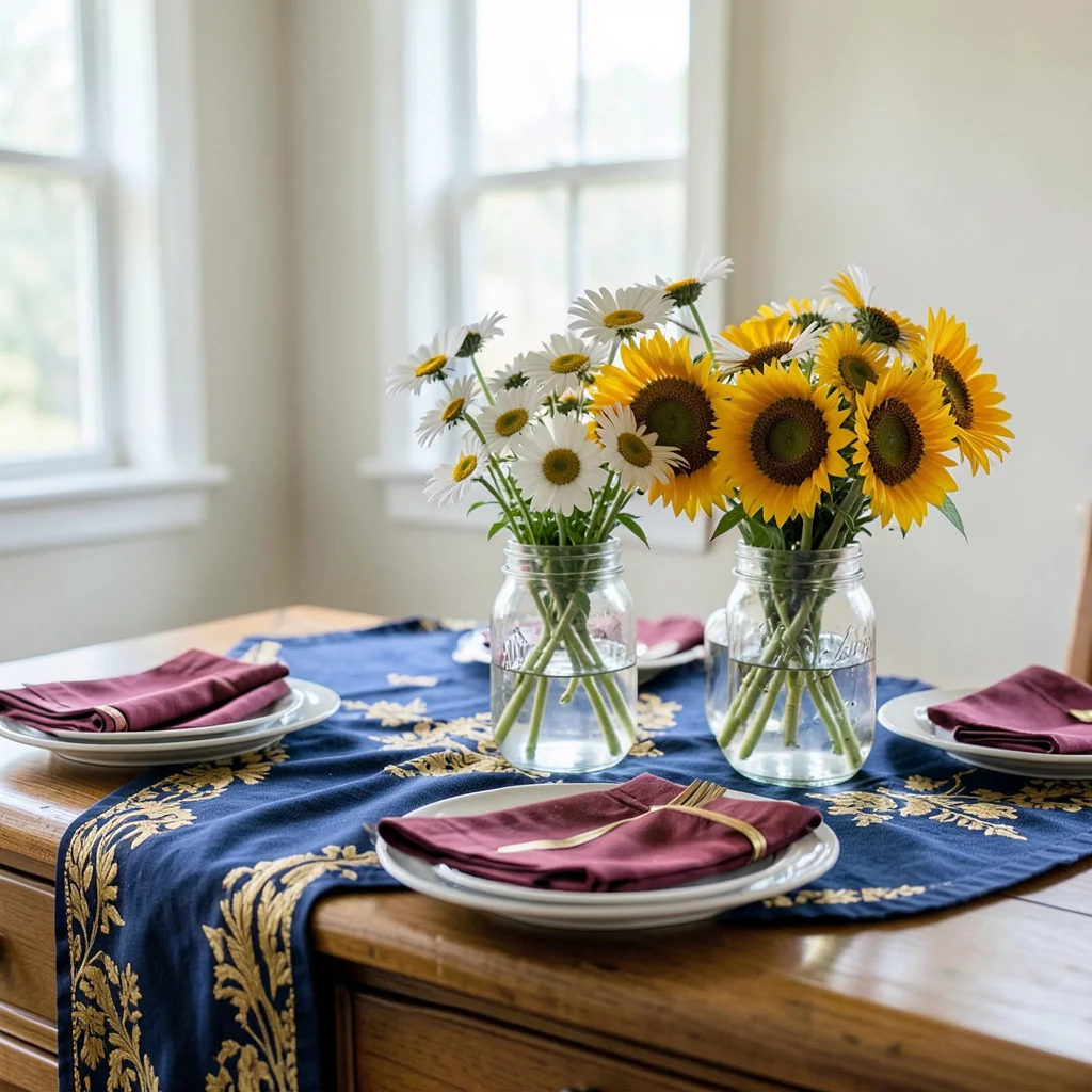A home dining table set for a graduation party with school colors and a simple floral centerpiece.