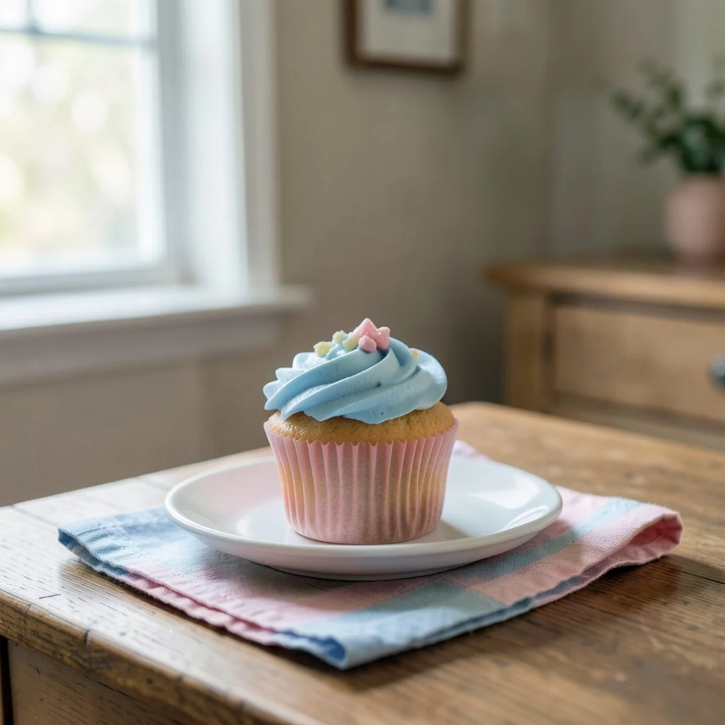 A cake cut open to reveal pink frosting, with balloons nearby, representing a simple home gender reveal.
