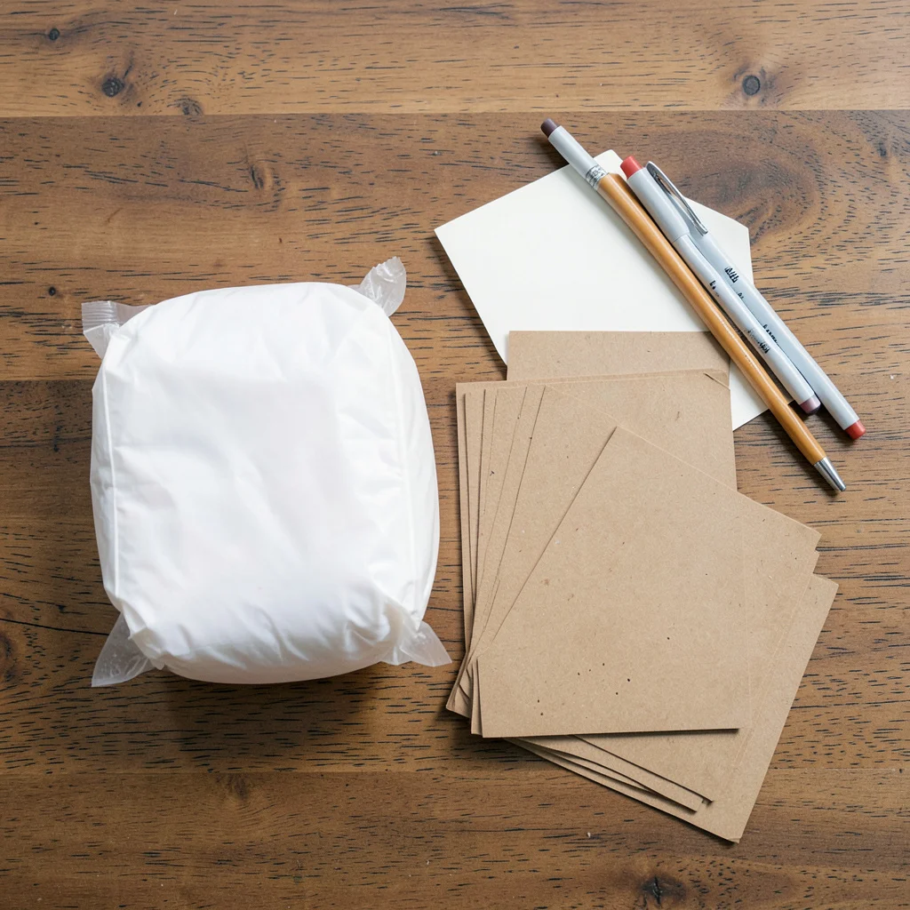 Photograph: An unopened white plastic diaper pack and a stack of blank kraft raffle tickets arranged on a wood grain surface, viewed from overhead.
