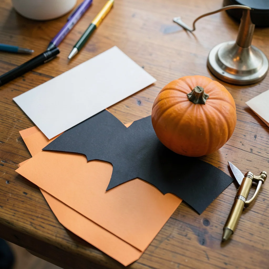 A bowl of Halloween candy and small pumpkins on a dining table, with paper and pencils for a guessing game.
