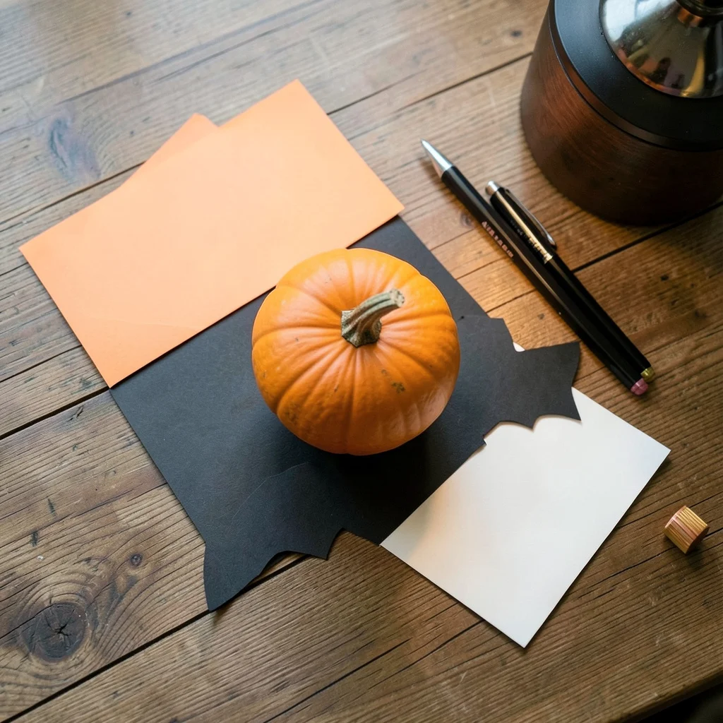A simple Halloween setup on a wooden table with a pumpkin, candy, and party supplies.
