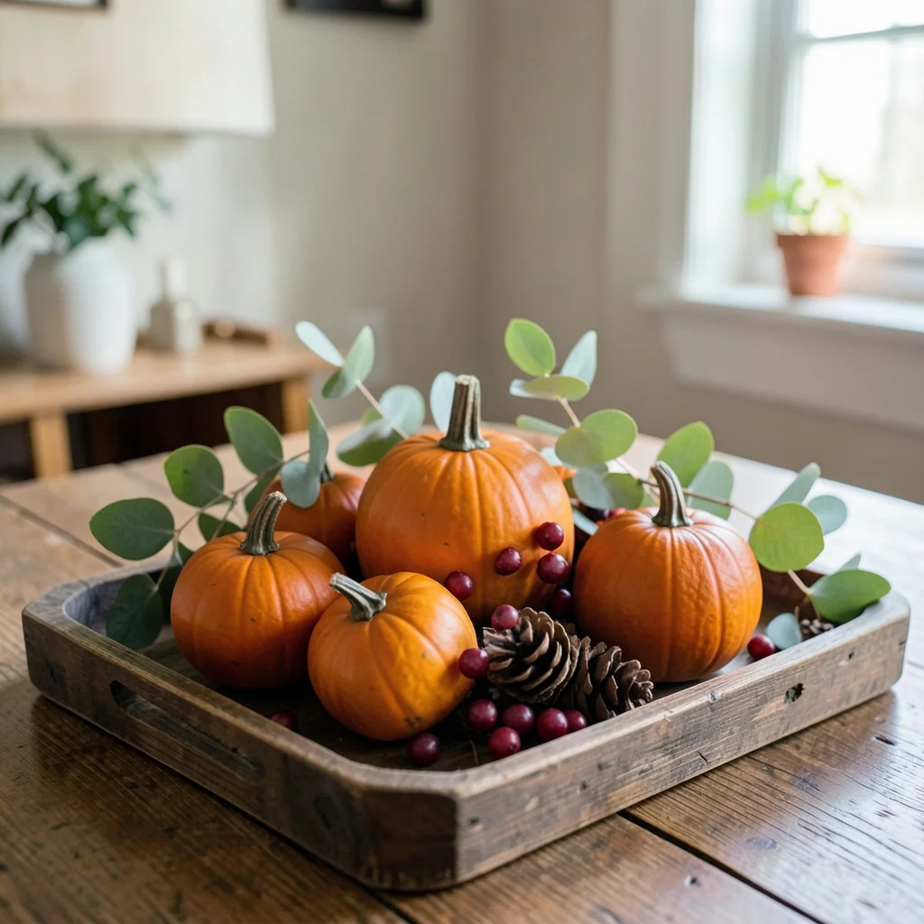 A simple Thanksgiving centerpiece with pumpkins and pinecones on a wooden tray.