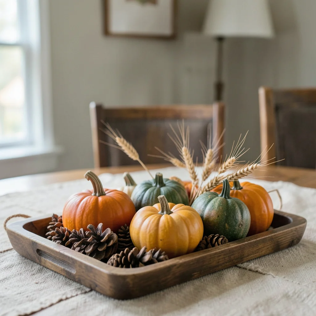 A low bowl centerpiece with floating candles and cranberries for Thanksgiving.