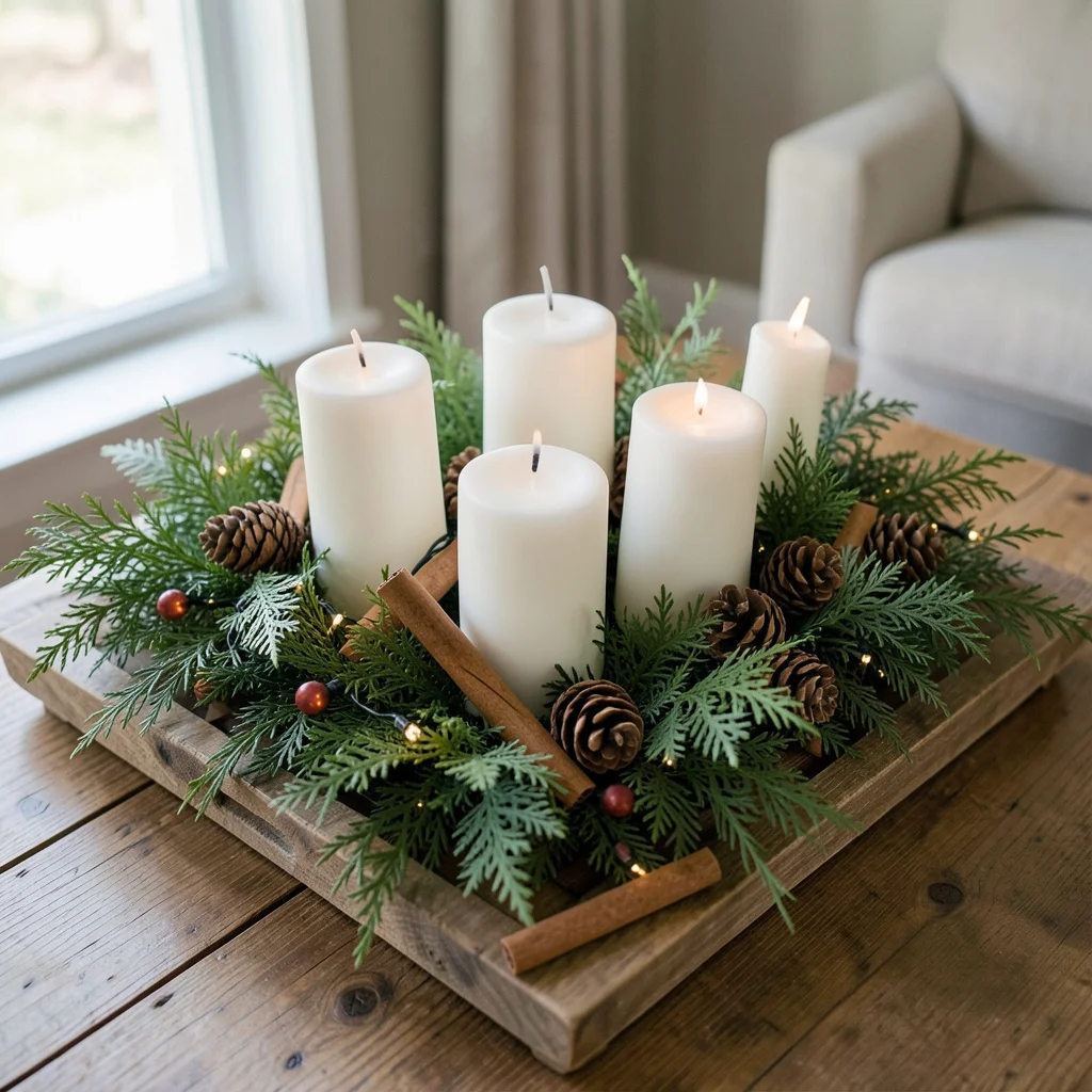 A simple Christmas centerpiece with greenery and candles on a dining table.
