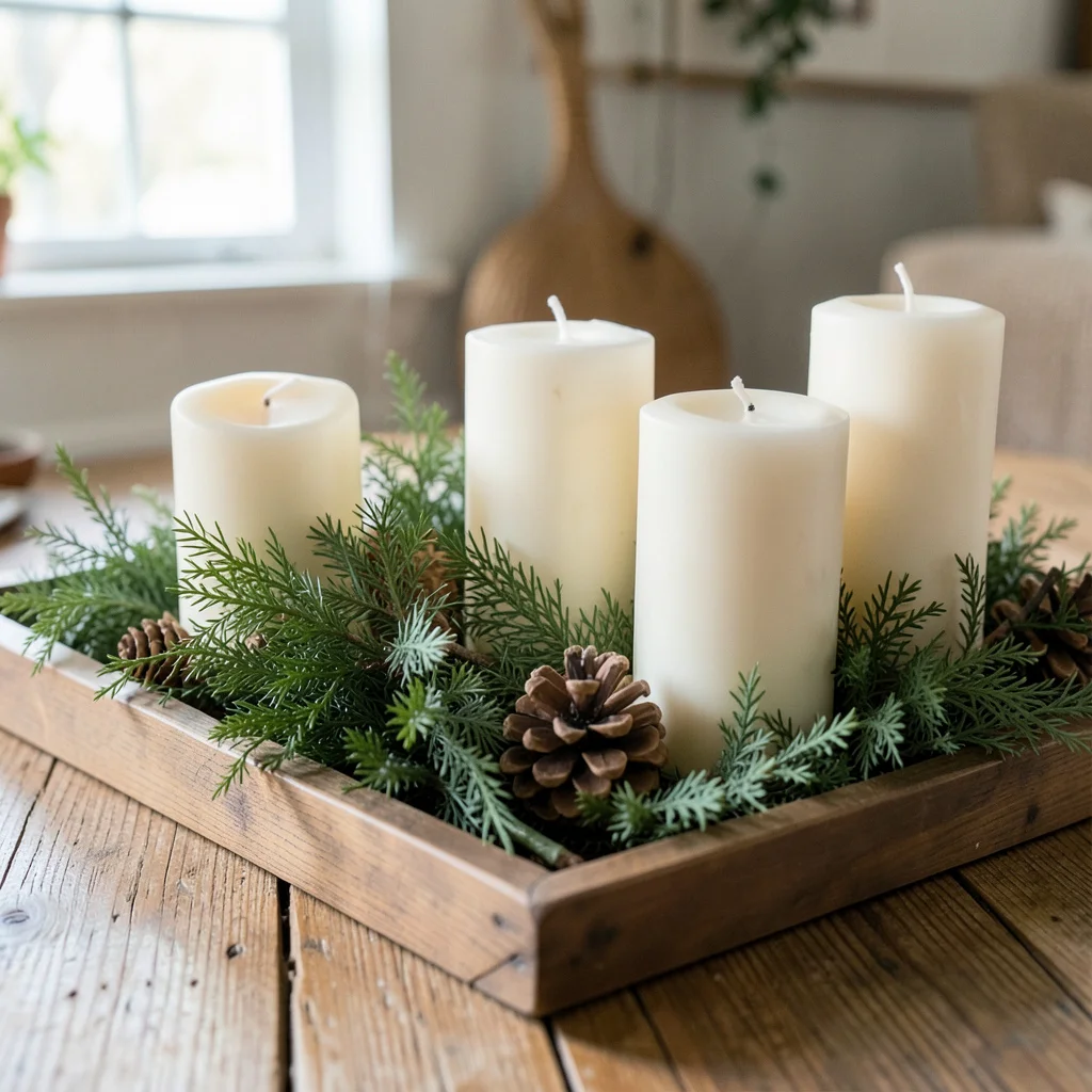 Close-up of natural materials like cinnamon and oranges used in a Christmas centerpiece.