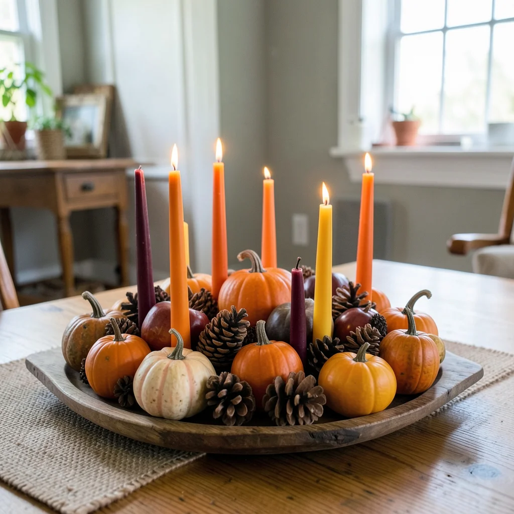 An elegant Thanksgiving centerpiece on a wooden dining table.