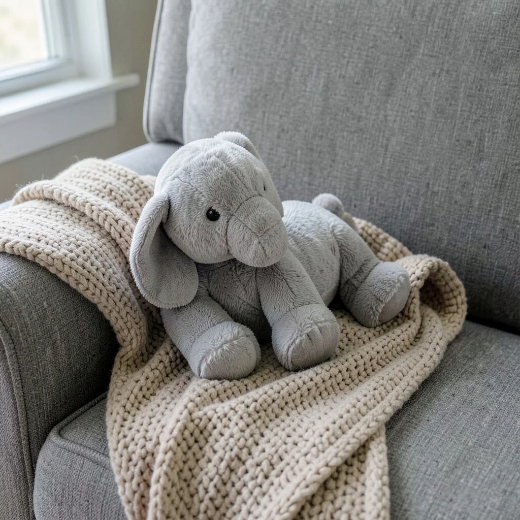 Photograph: A close-up still life of a soft grey plush elephant nestled on a textured oatmeal-knit baby blanket, resting on the cushion of an upholstered chair.