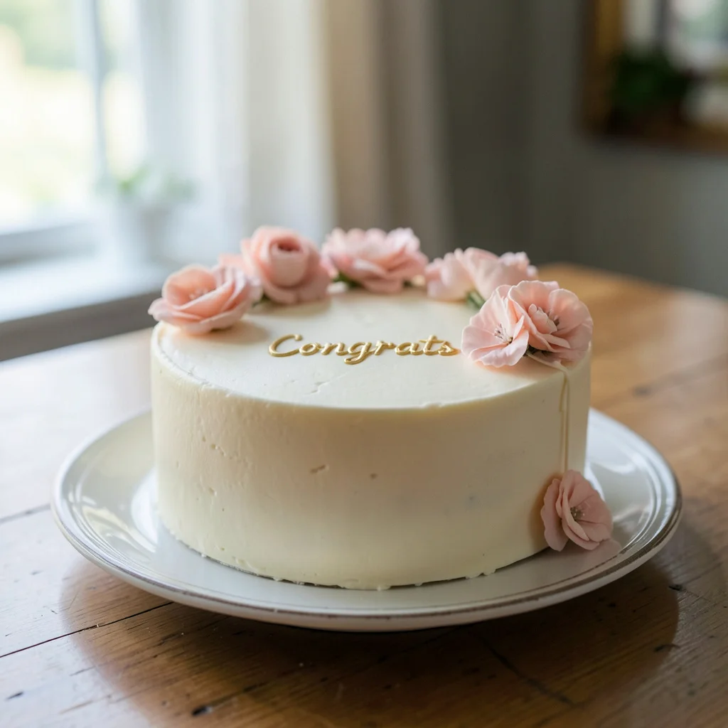 A simple white buttercream cake for an engagement party, decorated with fresh flowers, on a home dining table.