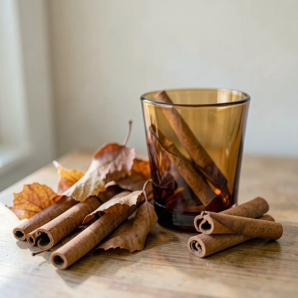 Photograph: A close-up still-life of dried autumn leaves and cinnamon sticks arranged beside an amber glass, featuring amber, cinnamon, and dried leaf colors.