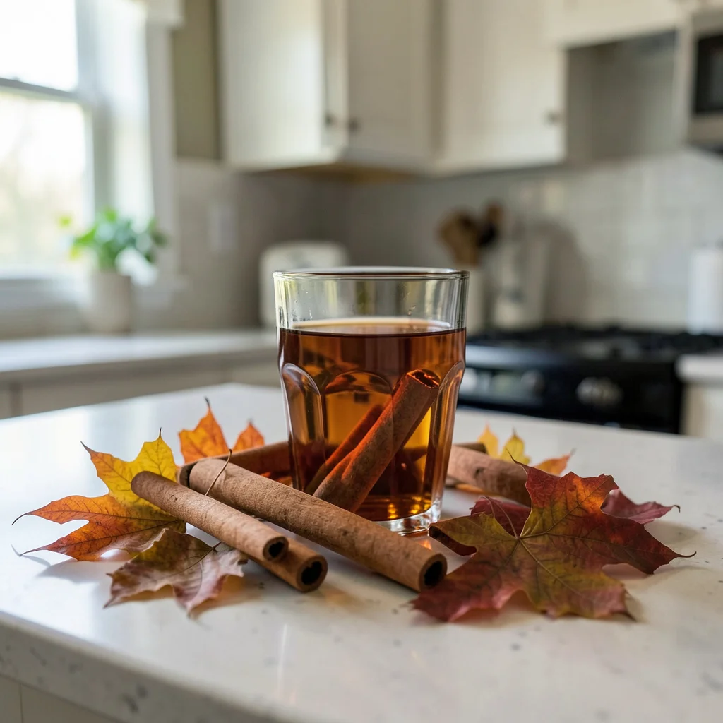 Photograph: A tight still-life of autumn leaves and cinnamon sticks arranged around an amber glass, featuring amber, cinnamon, and dried leaf colors.