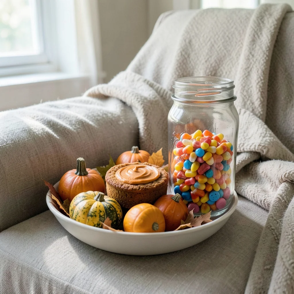 A fall-themed table setting with a closed box and autumn decor, ready for a small gender reveal.
