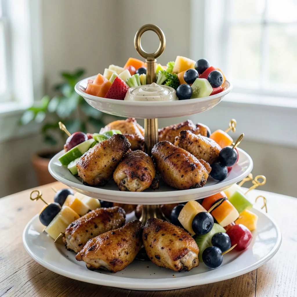 An assortment of finger foods for a graduation party arranged on a wooden board.