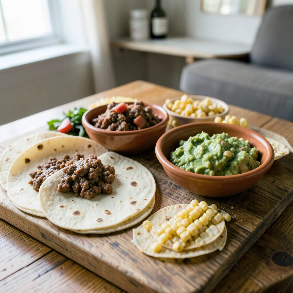 Photograph: A rustic wooden board holds a generous spread of build-your-own taco bar ingredients, featuring seasoned ground beef in a warm terracotta bowl, fresh white corn tortillas, and vibrant green guacamole.