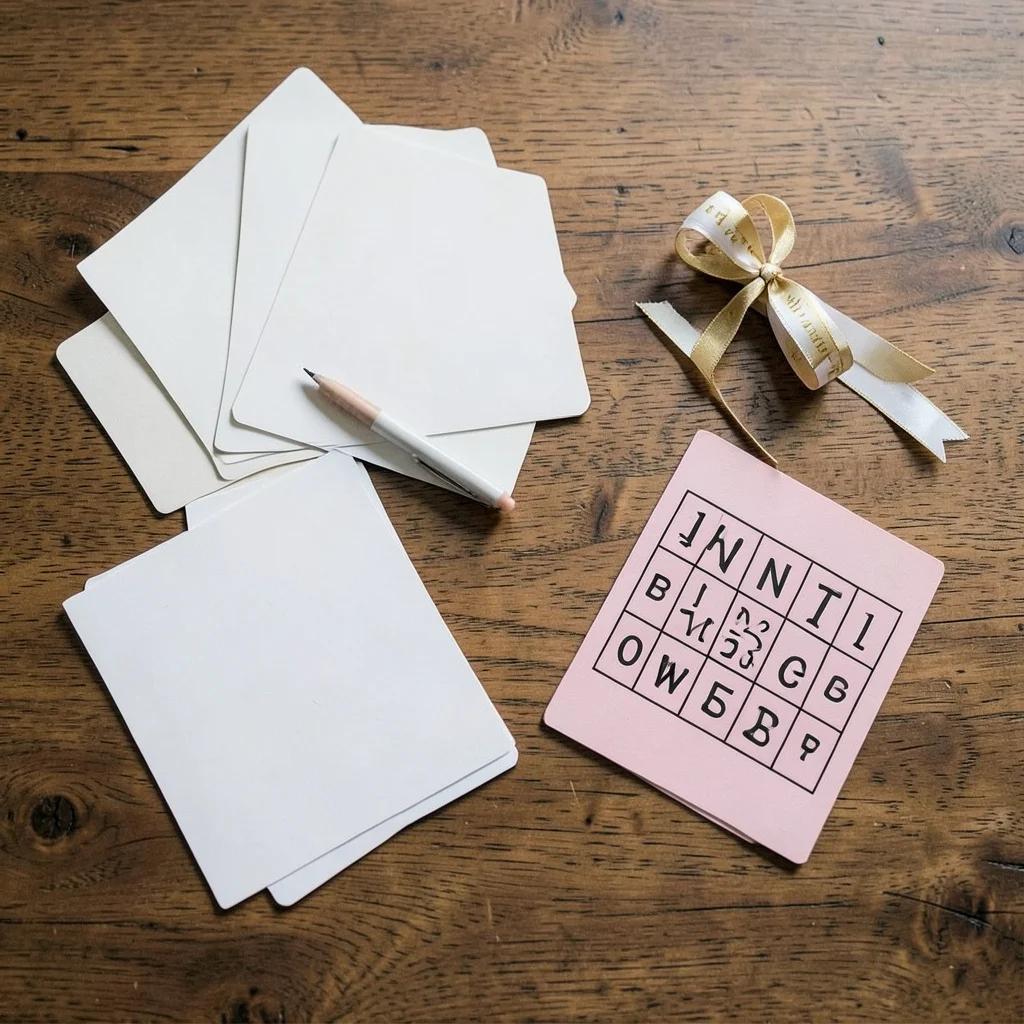 Bridal shower game supplies arranged on a home dining table.
