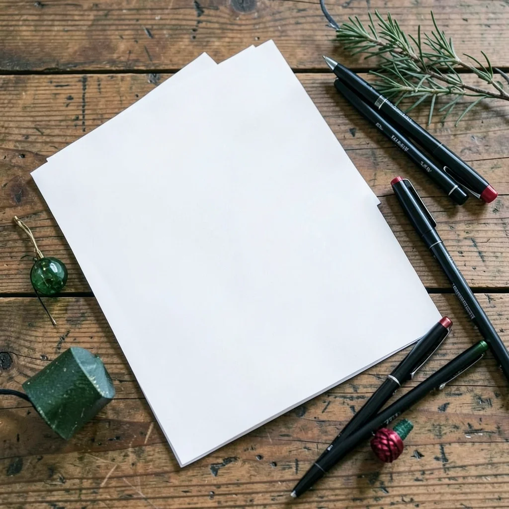A living room setup for a Christmas party game with paper and pens on a coffee table.