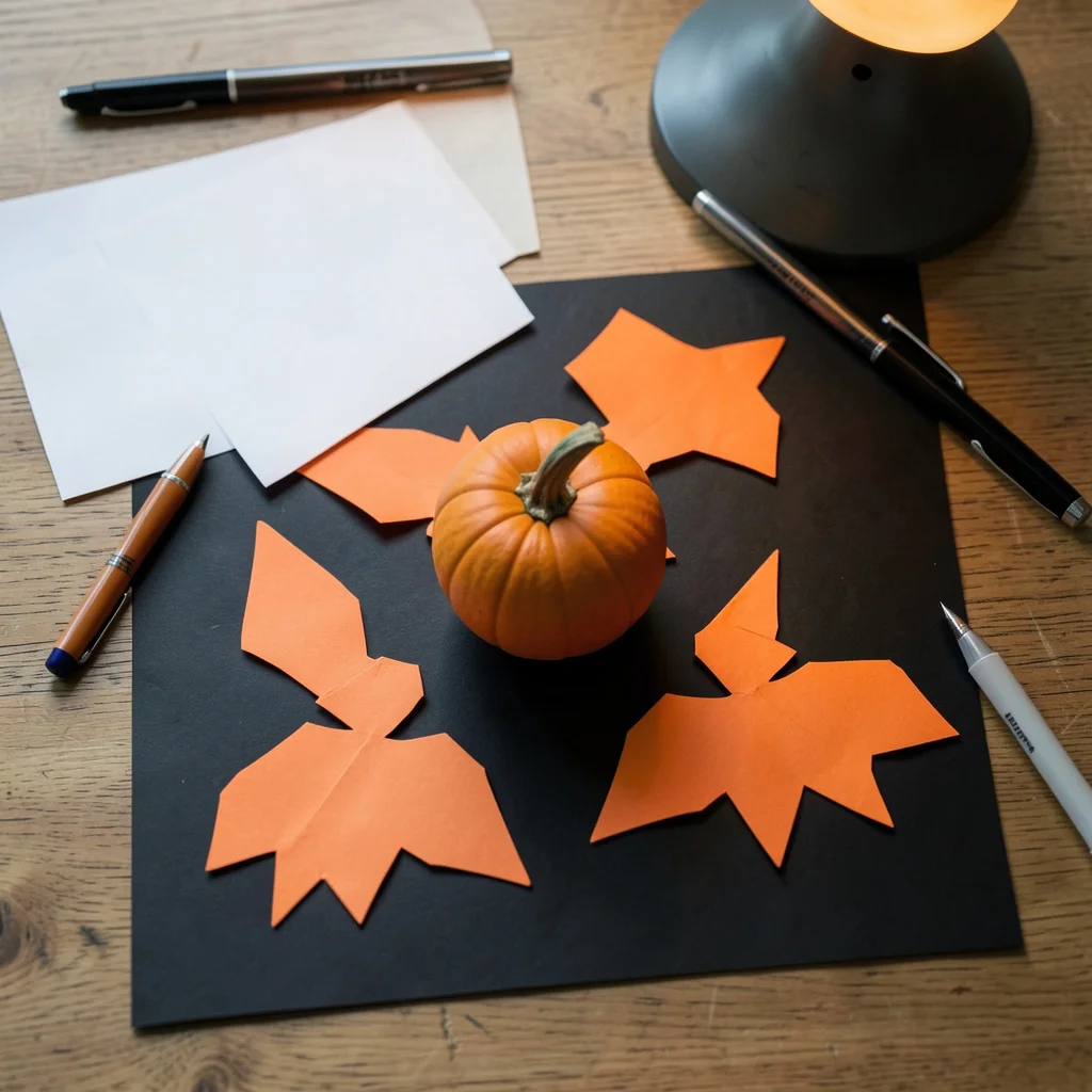 A Halloween game setup on a dining table with pumpkins and a candy jar.