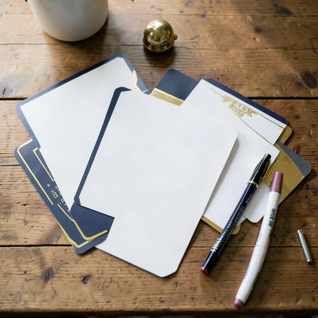 Blank game cards and pens ready for a retirement party trivia game on a dining table.
