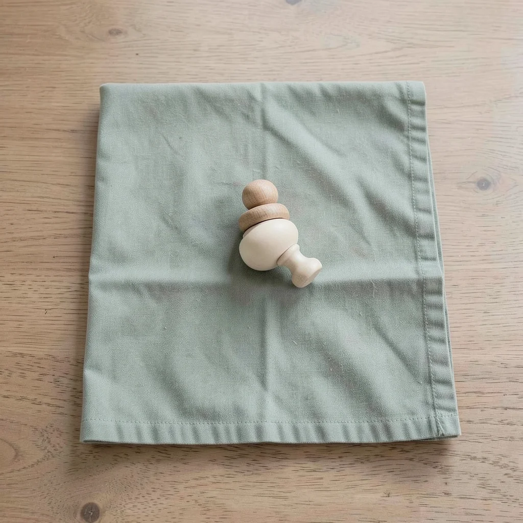 Photograph: A sage green folded cloth lies flat, with a small wooden stacking toy and a cream-colored rattle placed neatly on top.