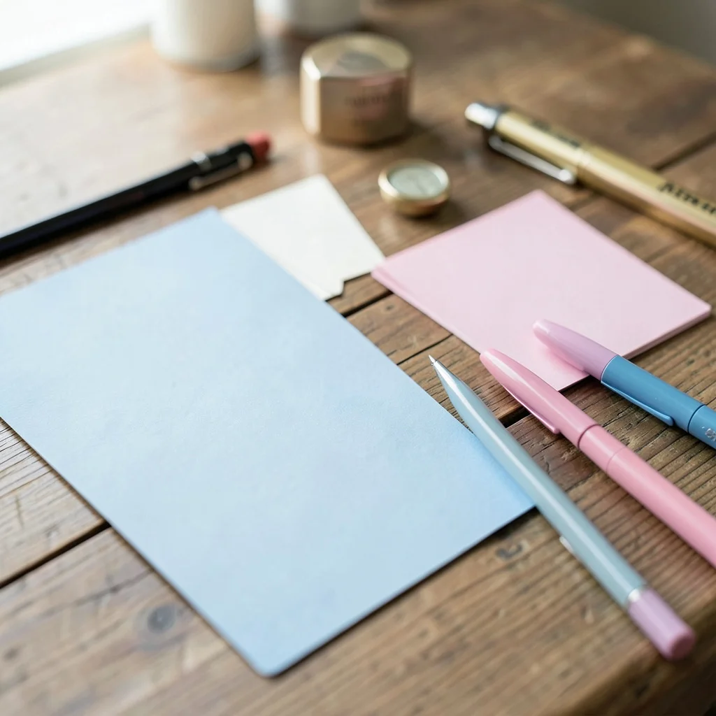 Blue and pink confetti and guessing cards on a wooden table, suggesting gender reveal party preparations.