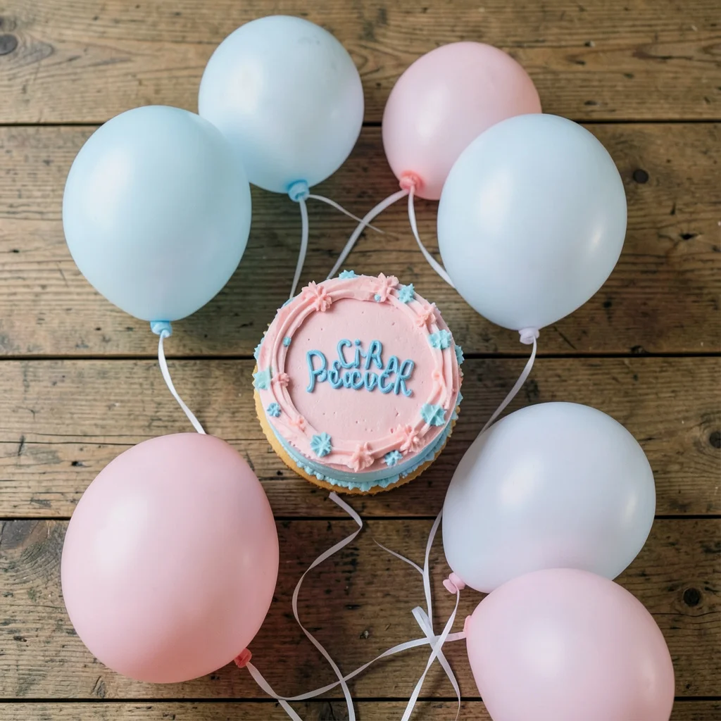 A gender reveal cake on a home dining table with balloons.