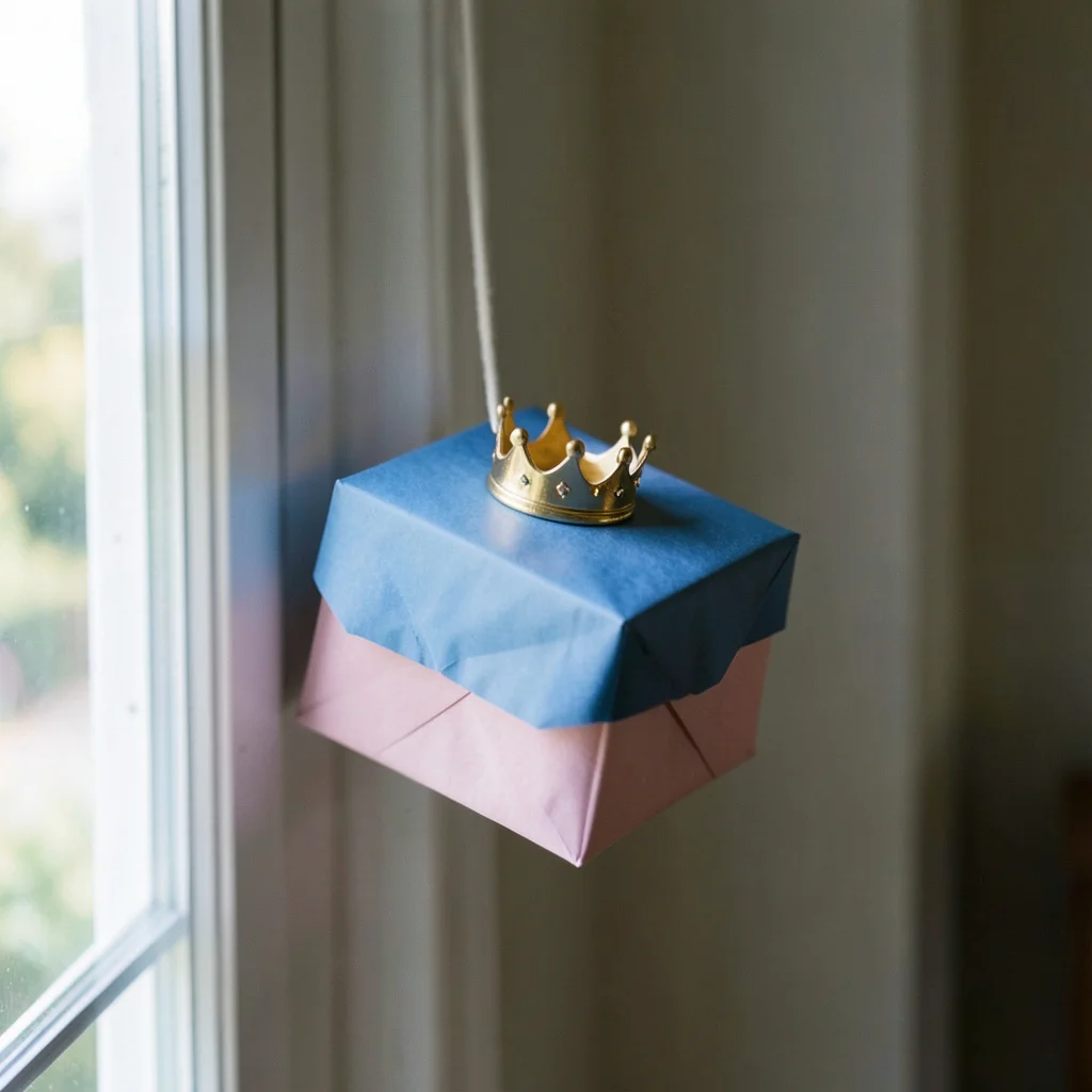 A table set for a small gender reveal gathering with themed decorations and a cake.