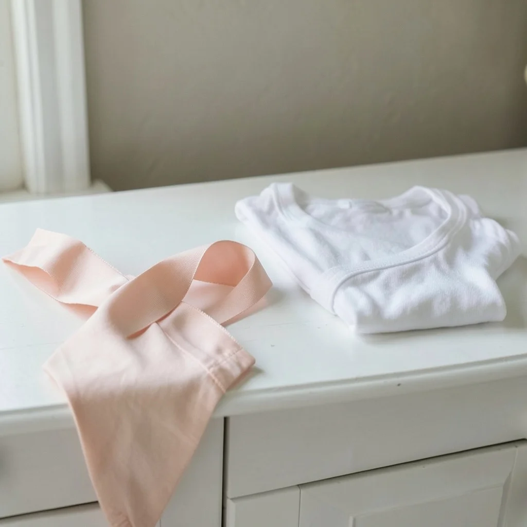 Photograph: A blush ribbon lies across a white wooden vanity, with a neatly folded white onesie beside it, creating a soft and intimate still life.