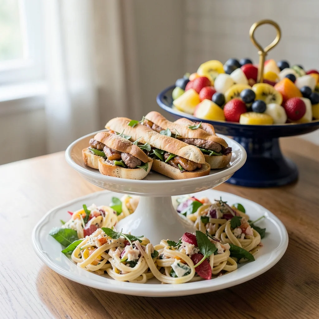 A backyard graduation party buffet table with a variety of finger foods and salads.