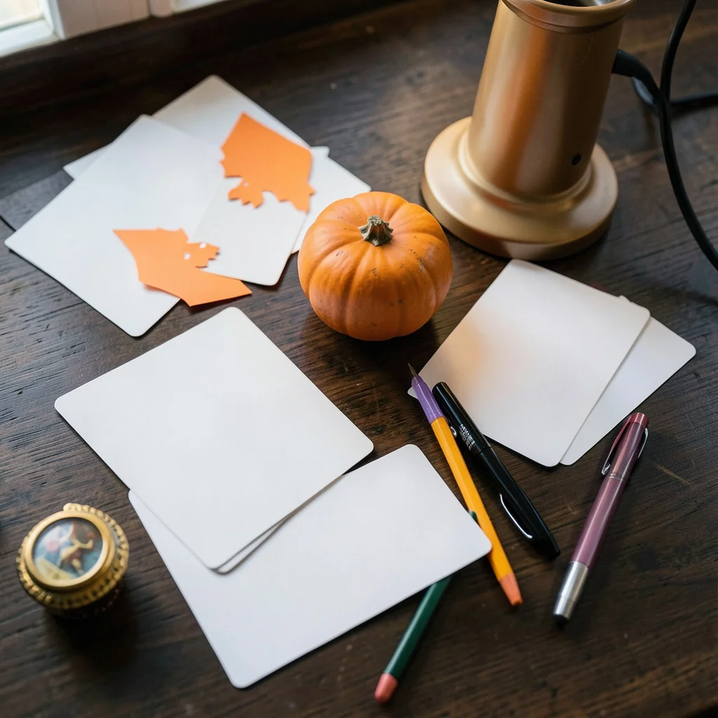 A Halloween-themed baby shower setup in a living room with pumpkins and games.