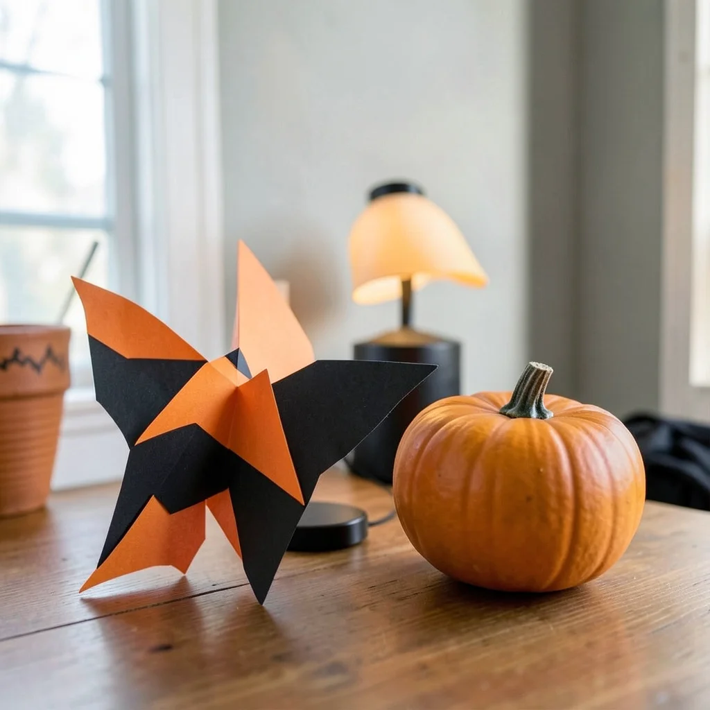 A living room decorated for a Halloween baby shower with pumpkins and fairy lights.