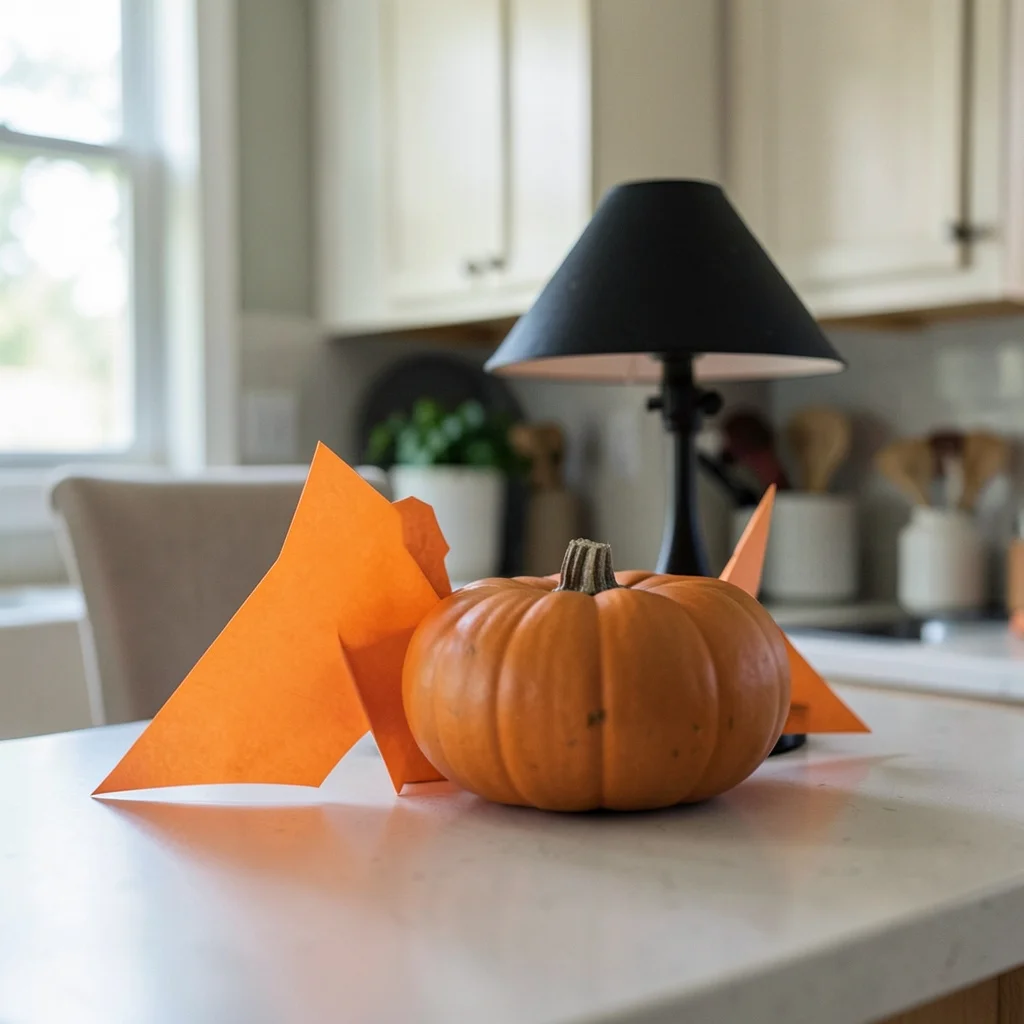 A Halloween-themed baby shower table setting in a home.