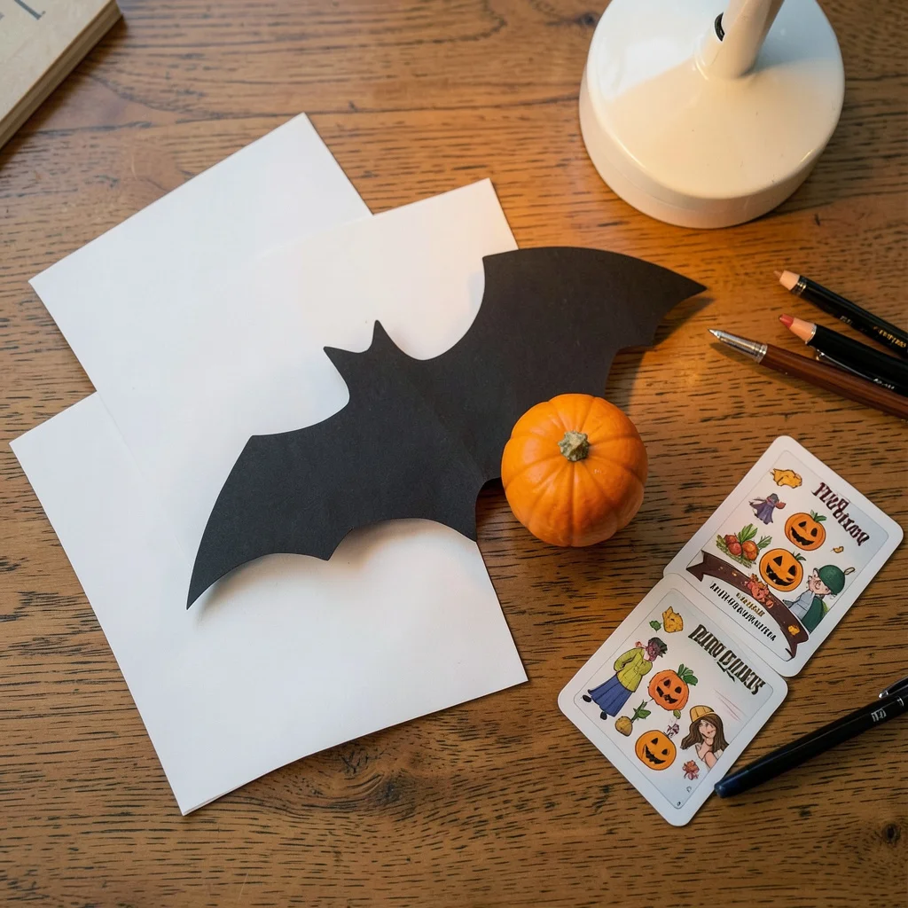 A Halloween game setup on a coffee table with a candy jar, pumpkins, and cards.