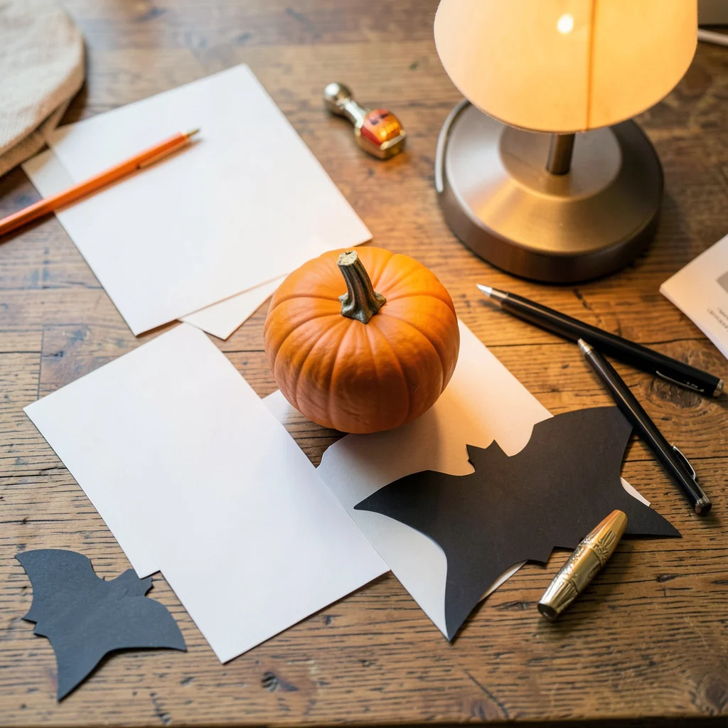 A jar of candy corn and note cards for a guessing game, set on a living room coffee table.