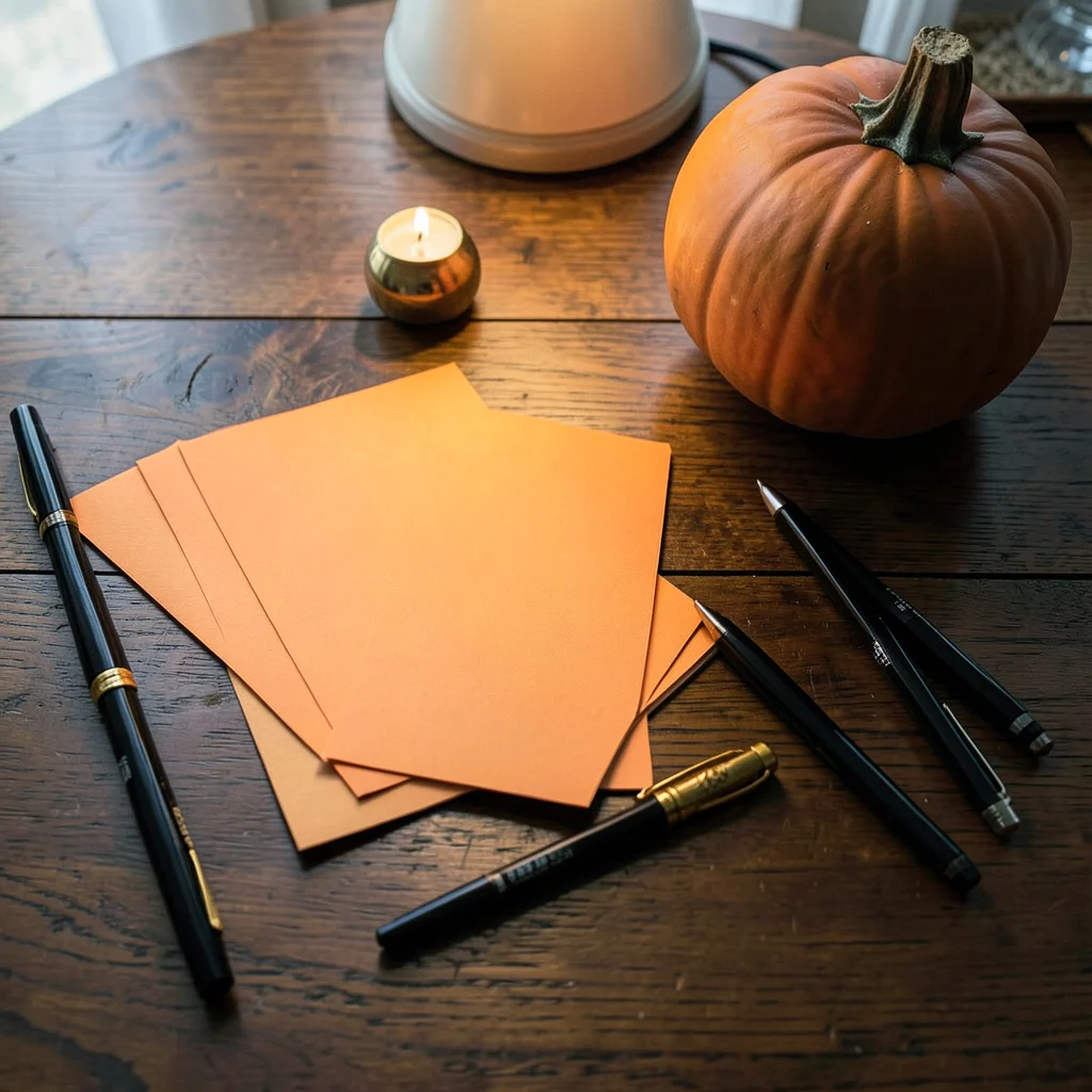 A home dining table setup for a Halloween party, featuring candy corn and pumpkins.