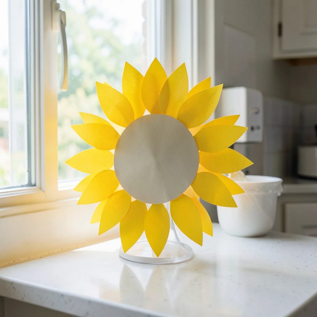 Photograph: A yellow sun cut-paper decoration sits on a bright windowsill, with sunflower yellow and white colors under bright daylight.