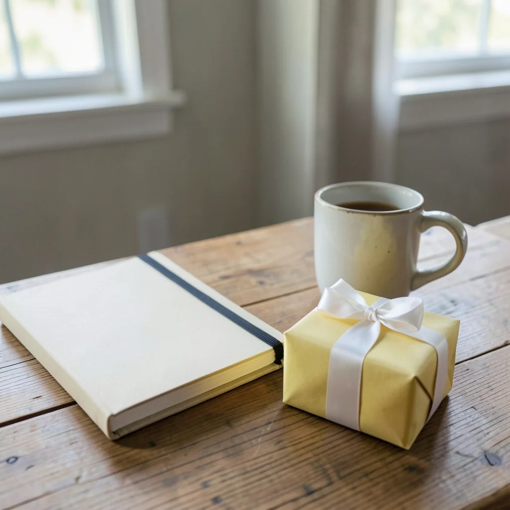 Photograph: A small, neatly wrapped gift in soft yellow paper with a white satin bow rests on a wooden surface beside a closed, cream-colored blank card.