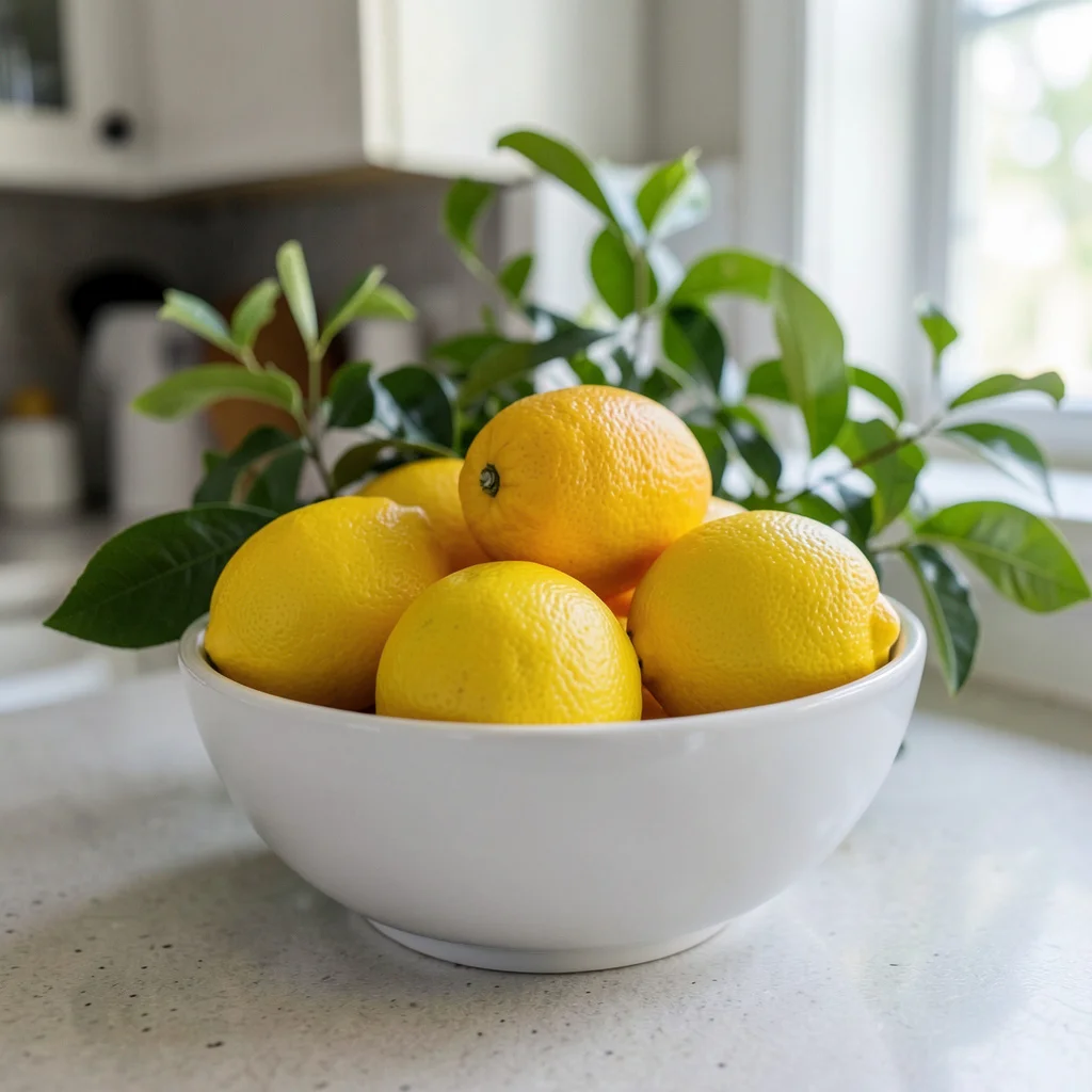 Photograph: A white bowl filled with bright citrus yellow clementines and lemons against a backdrop of vibrant leaf green foliage.