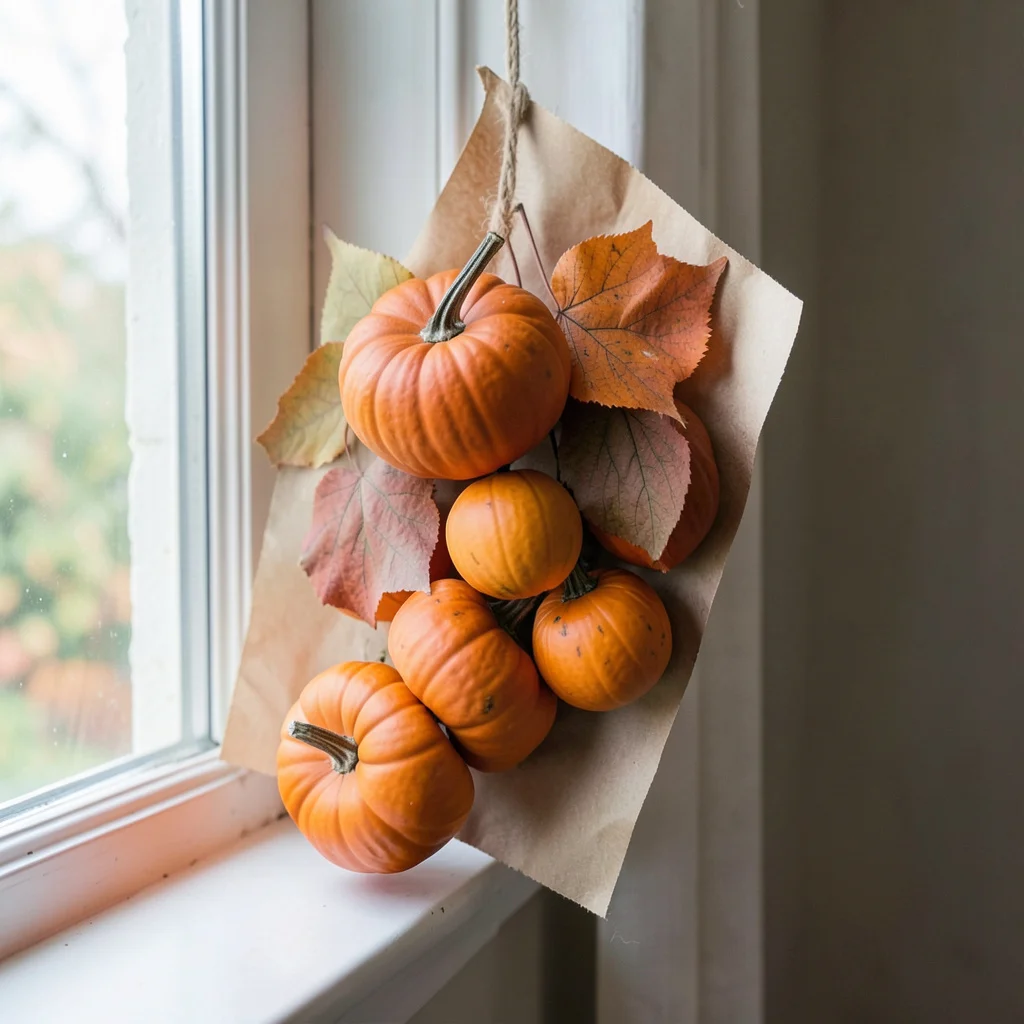 Photograph: A tight still-life of small pumpkins and orange leaves arranged on kraft paper, featuring orange, kraft brown, and rust colors.