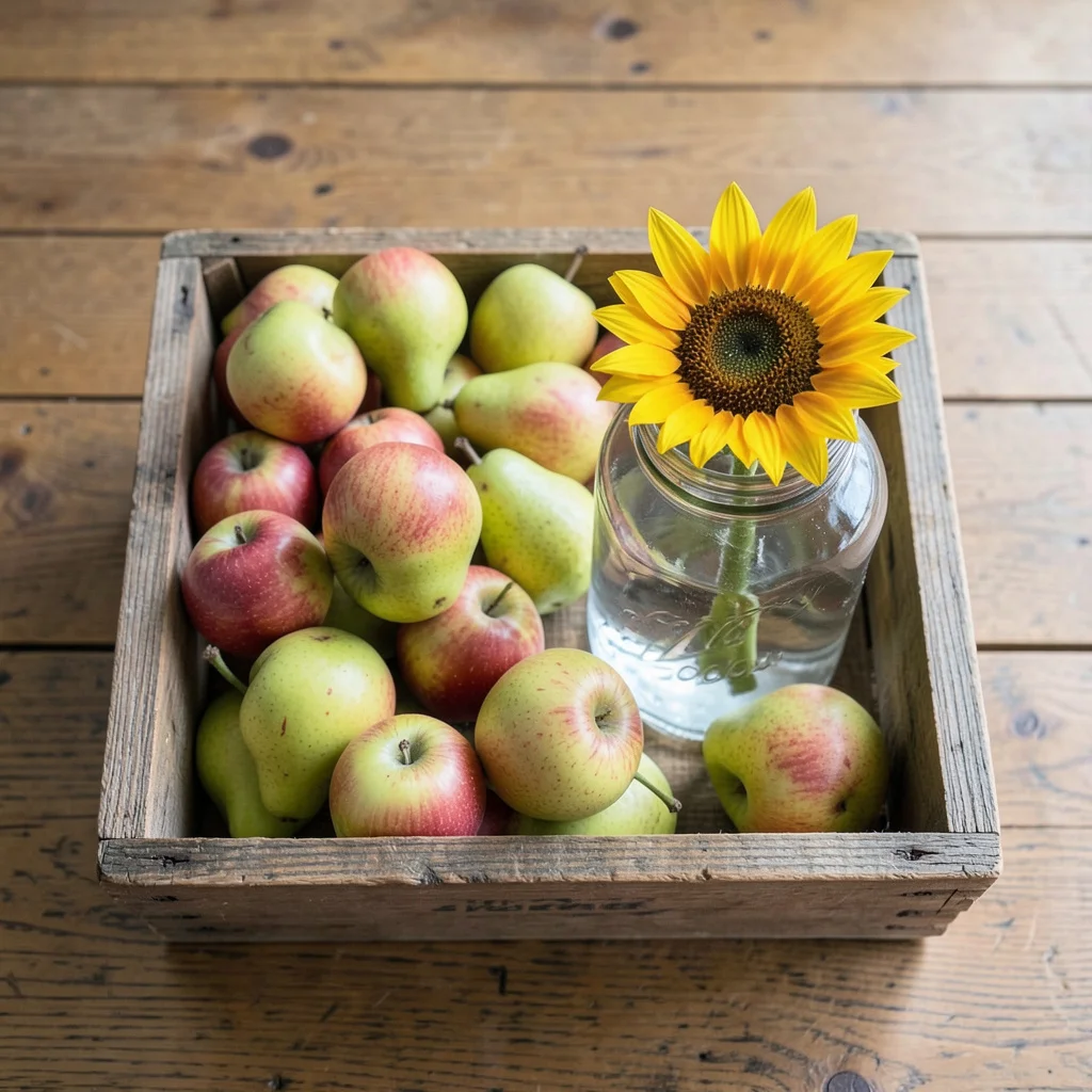 Photograph: A rustic wooden crate overflows with fresh, locally sourced apples and pears, nestled against a mason jar filled with clear water and a single vibrant sunflower, showcasing sunflower yellow, mason-jar glass, and farm wood tones.