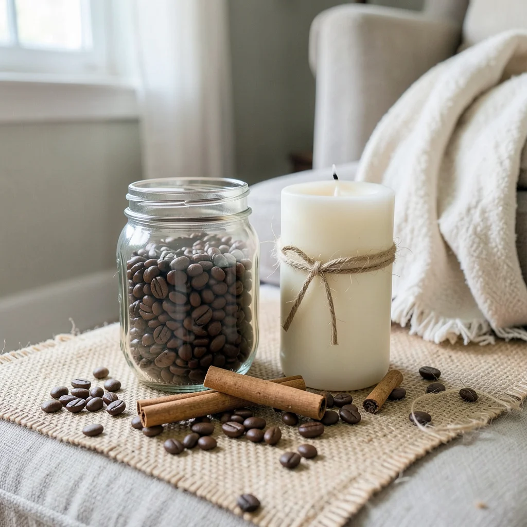 A coffee-themed bridal shower table setting with rustic decor.