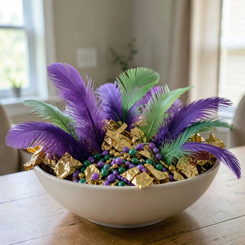 A Mardi Gras table centerpiece with beads and masks in traditional colors.