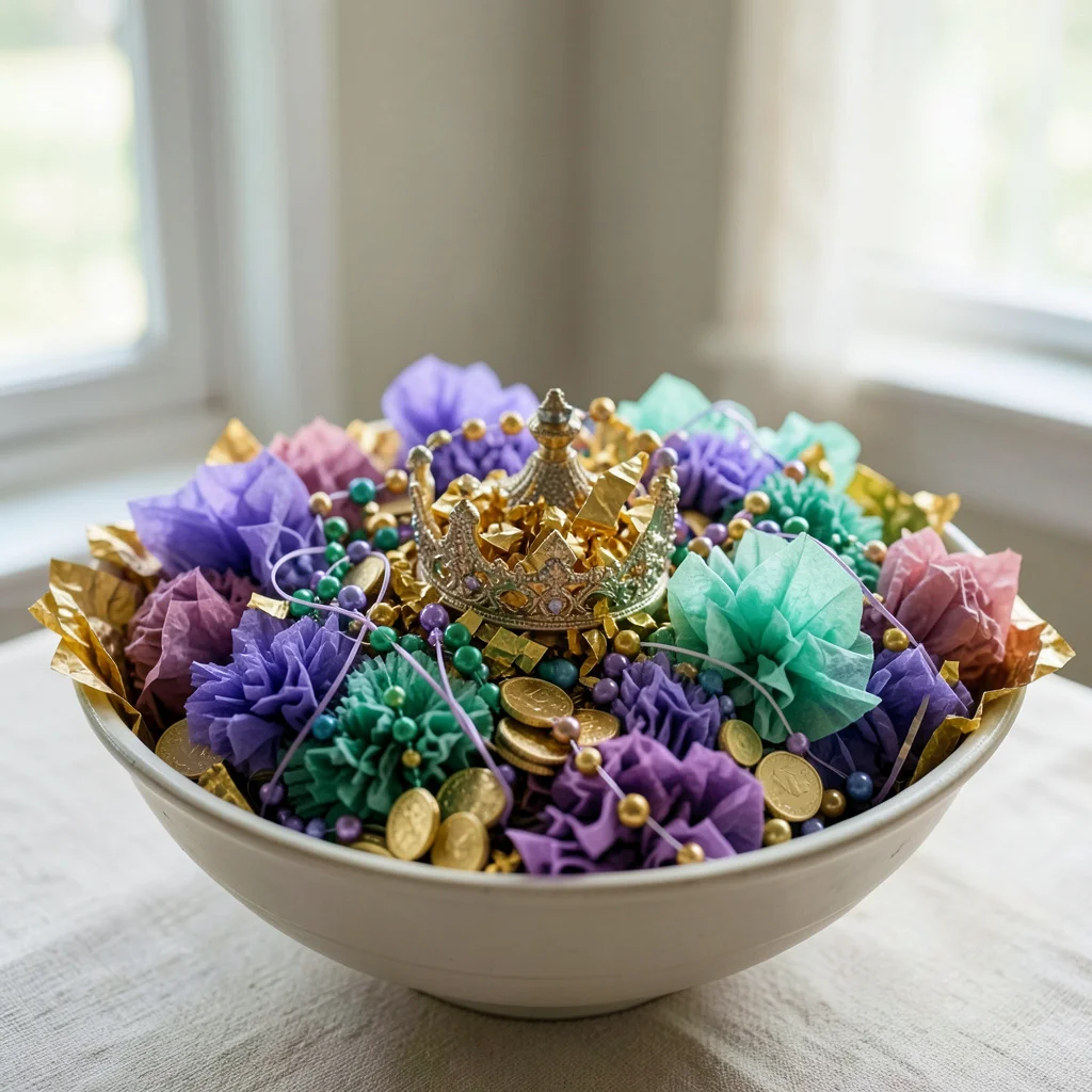 Close-up view of assembling a Mardi Gras centerpiece with feathers and coins.