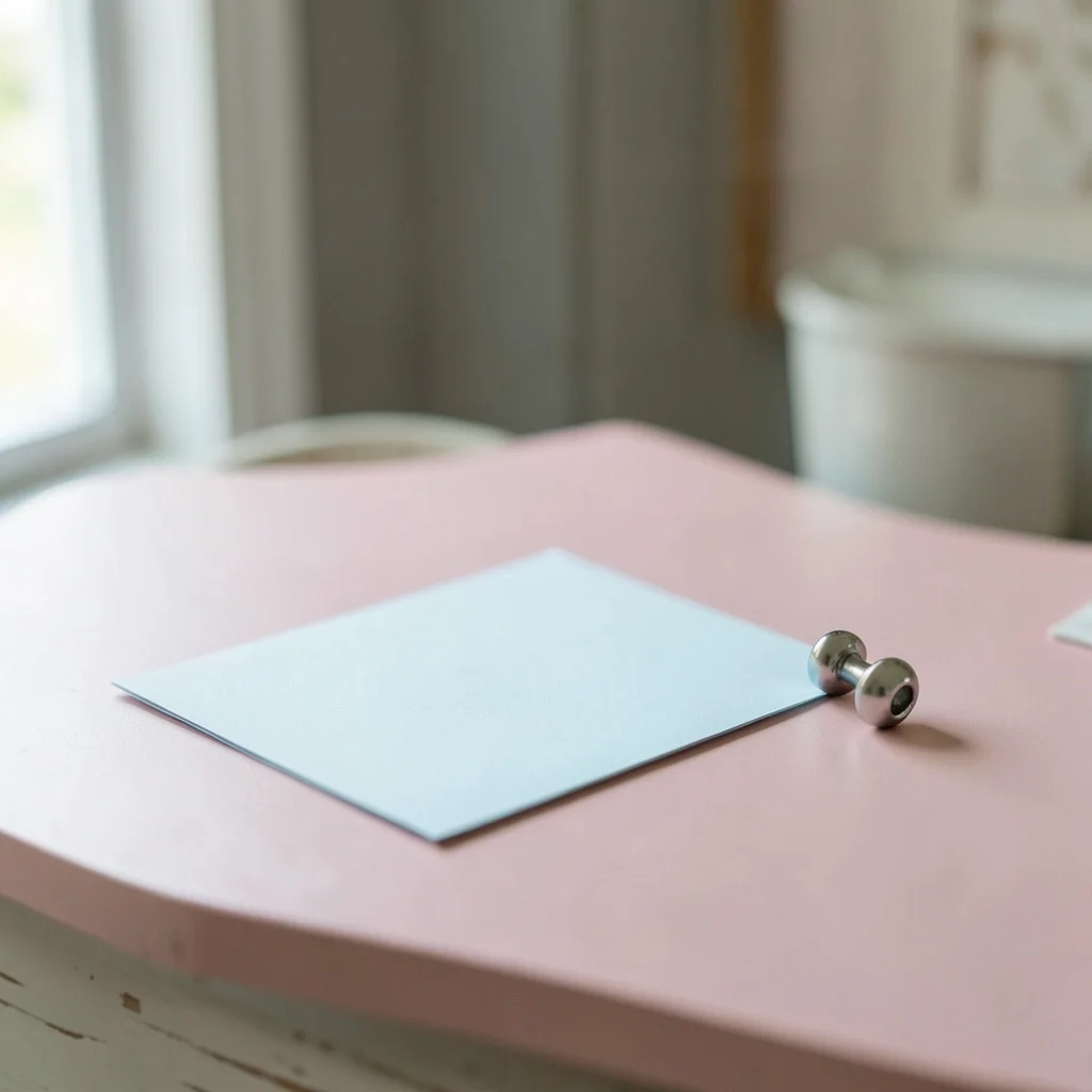 Photograph: A blank pastel blue baby shower card lies flat on a soft pink surface, with a tiny silver rattle placed beside it.