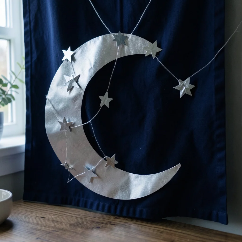 Photograph: A paper crescent moon and star garland draped against a navy cloth background, with silver accents and a dusky window light casting soft shadows.
