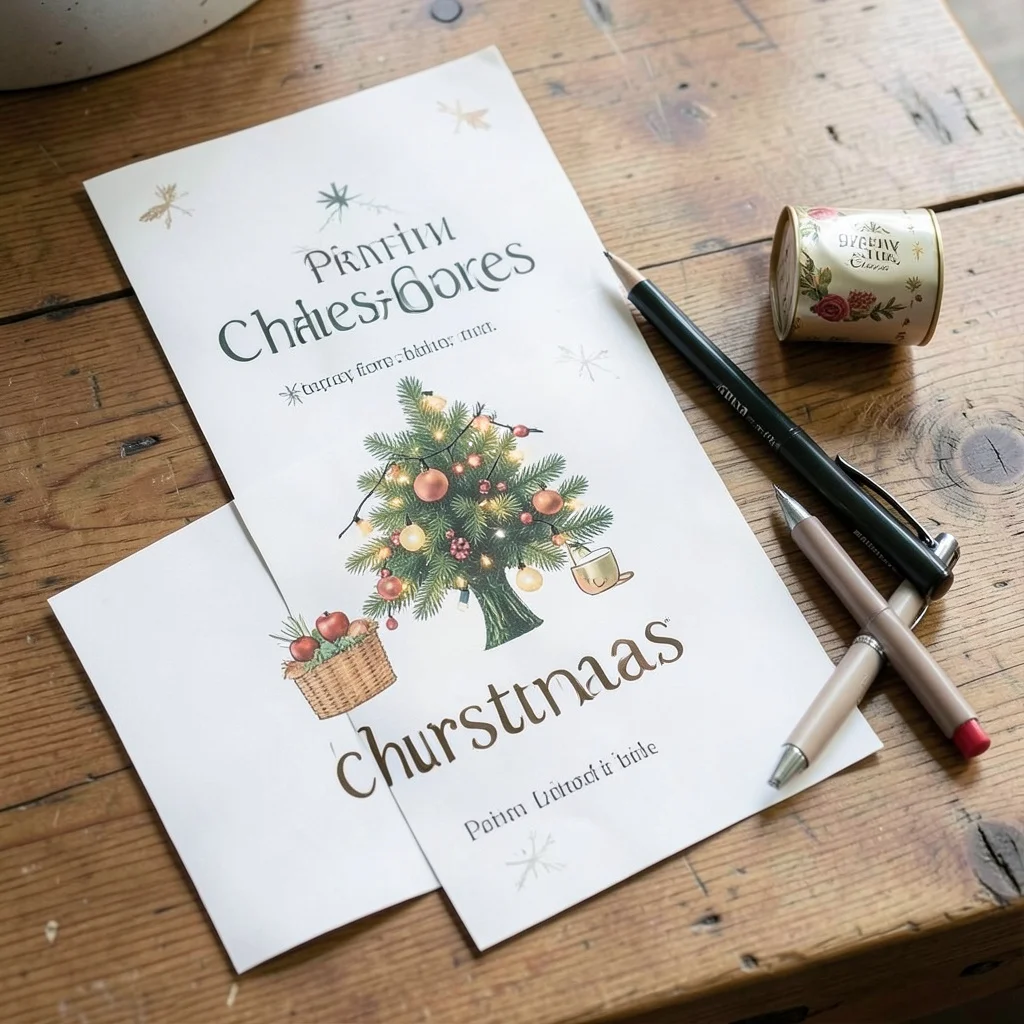 Printed Christmas party game sheets and pens arranged on a dining table.