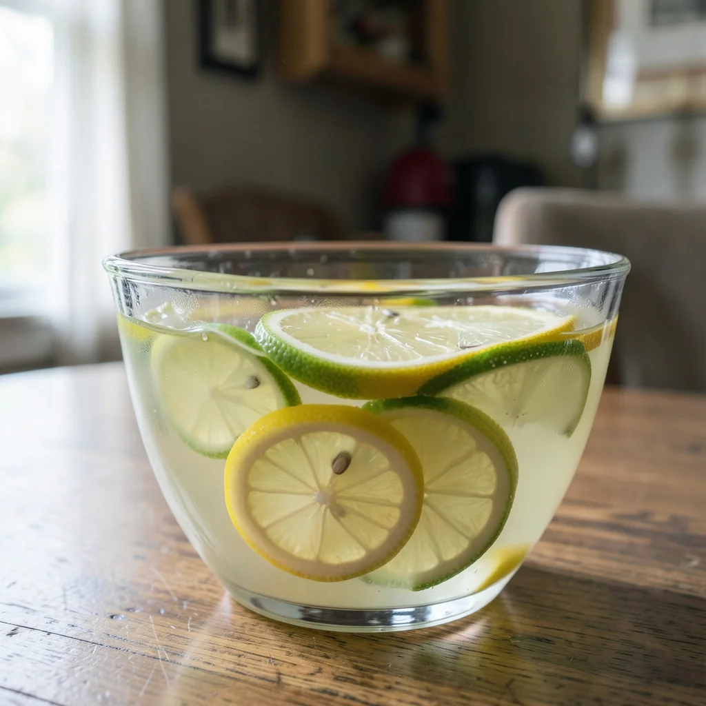 Photograph: A glass punch bowl filled with a clear citrus-based punch, featuring floating slices of lemon and lime, with vibrant yellow and green colors.