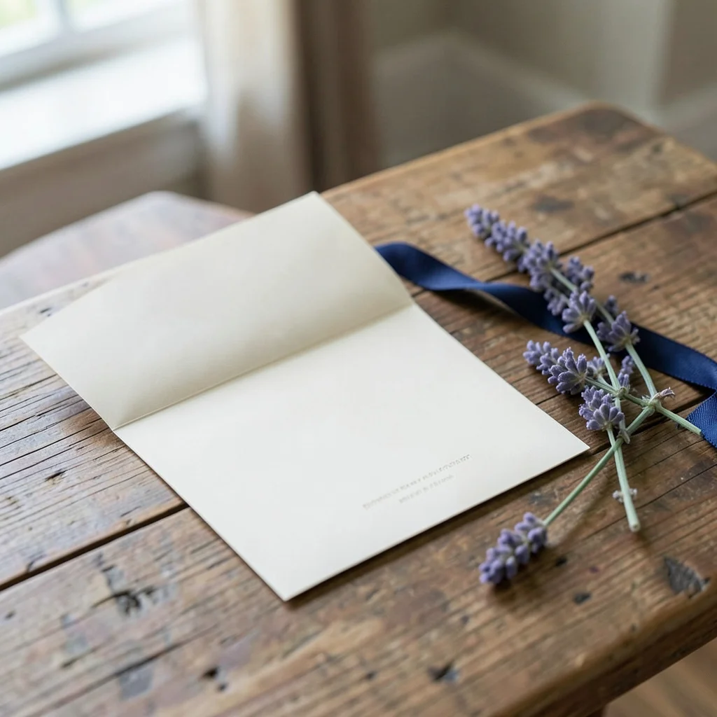 A rehearsal dinner invitation card on a wooden table