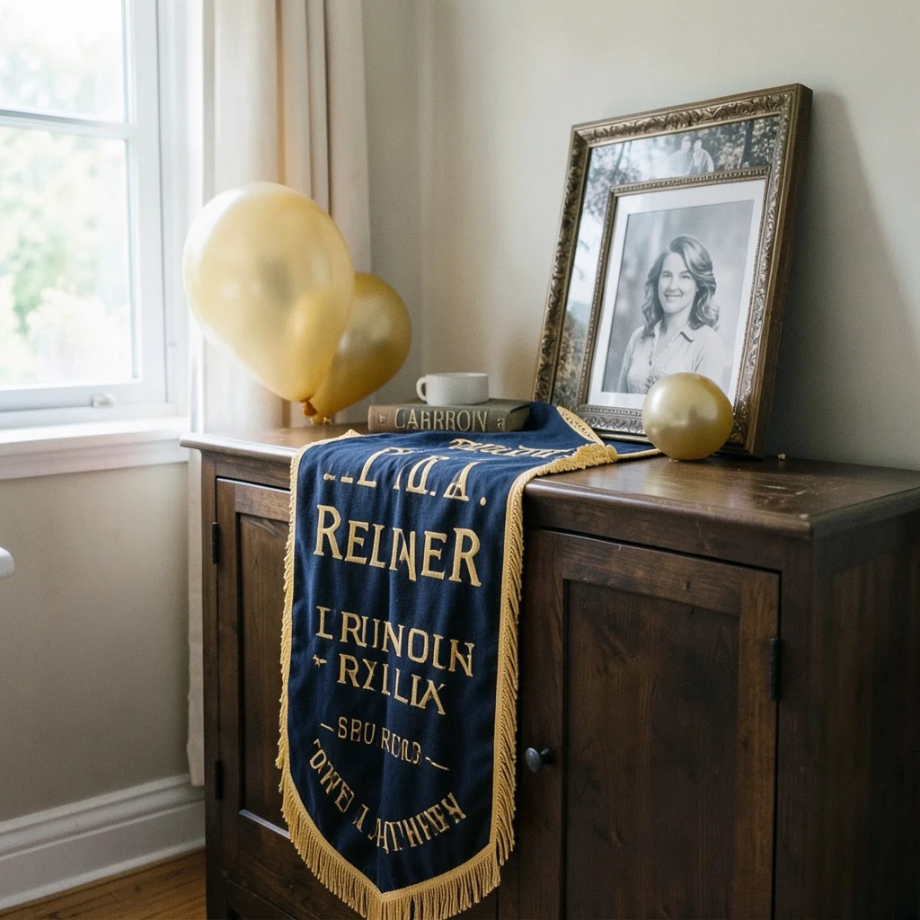 A retirement cake and photos set on a home dining table.